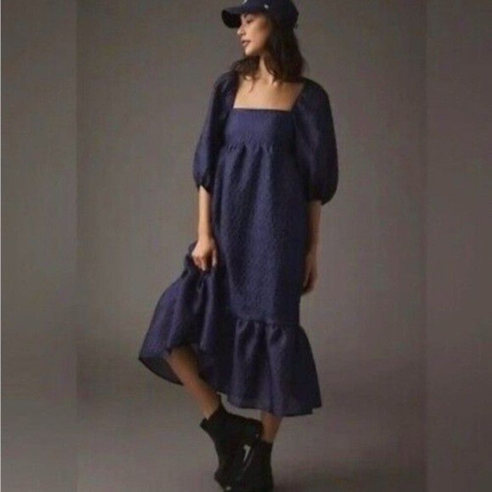 Anthropologie NWT | Navy Textured Puff Sleeve Dress large cottagecore boho